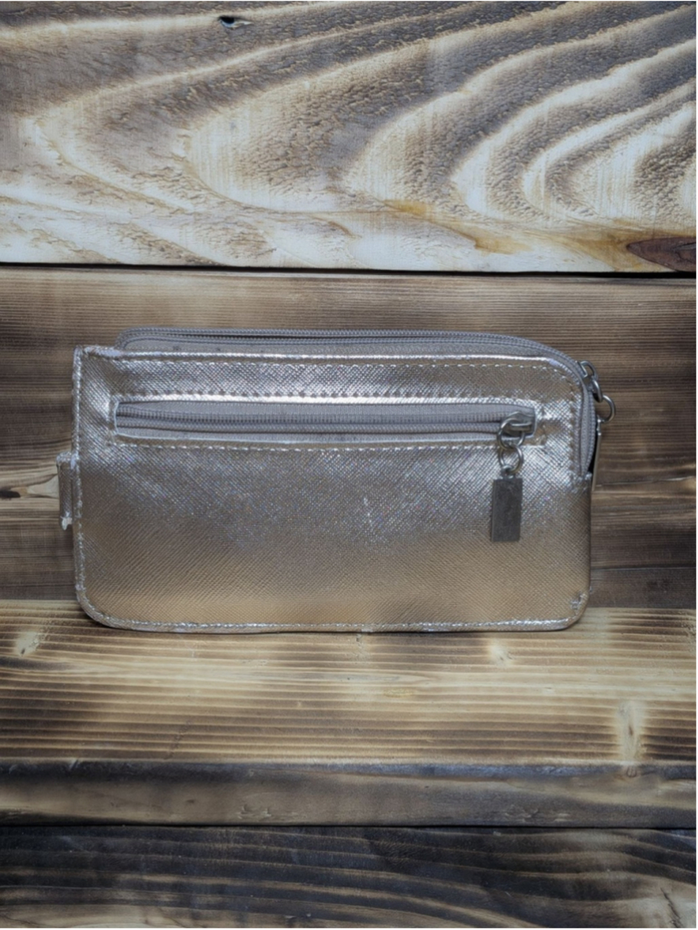 Metallic Wristlet Wallet Womens One Size Silver Faux Leather Card Clutch Purse